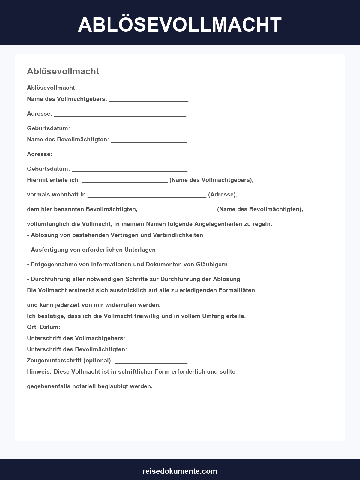 Ablösevollmacht Vorlage