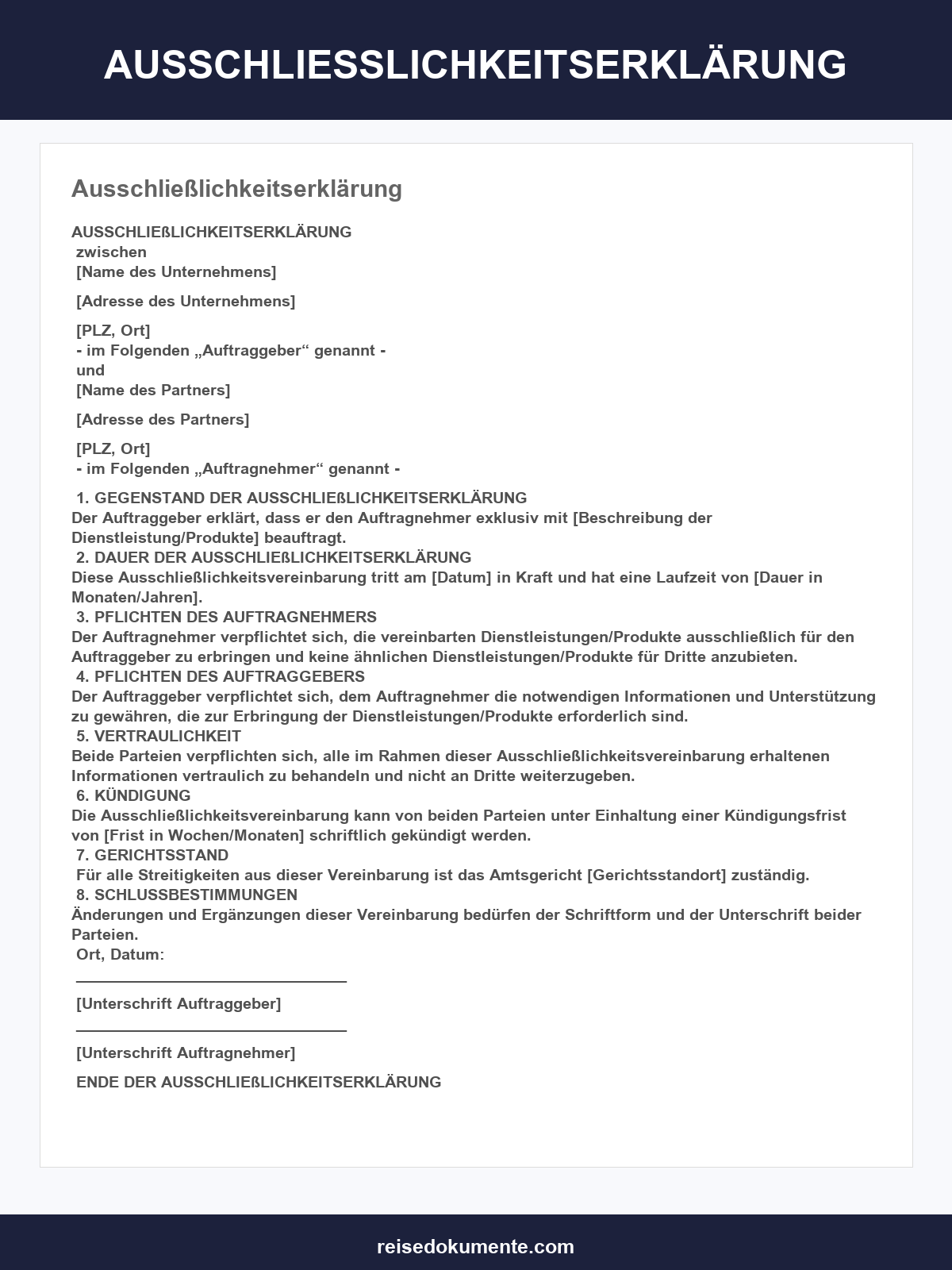 Ausschließlichkeitserklärung Muster