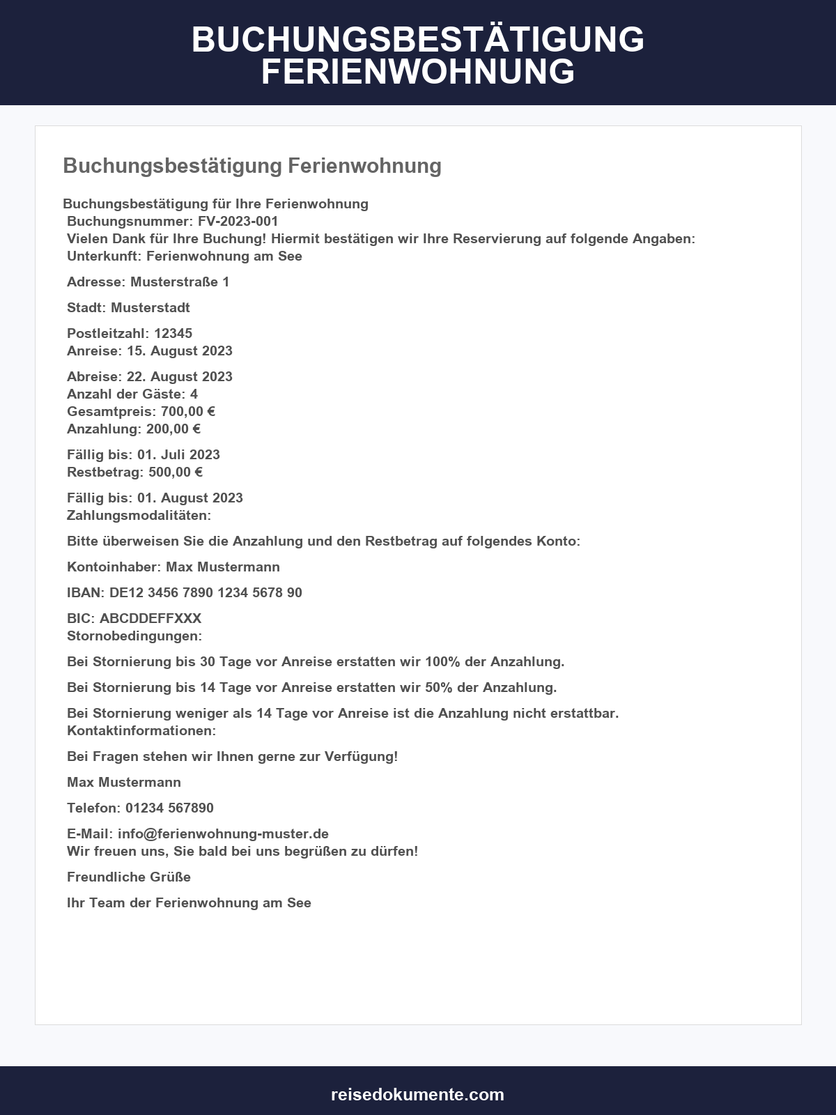 Buchungsbestätigung Ferienwohnung Vorlage