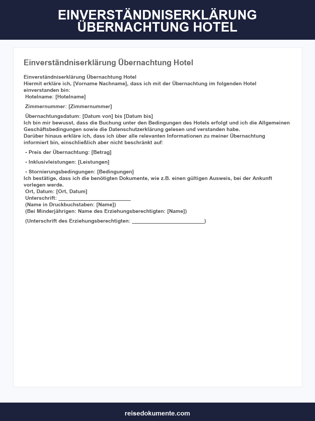 Einverständniserklärung Übernachtung Hotel Muster