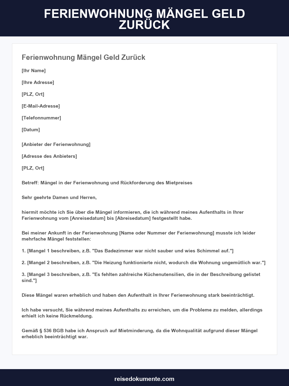 Ferienwohnung Mängel Geld Zurück Musterbrief
