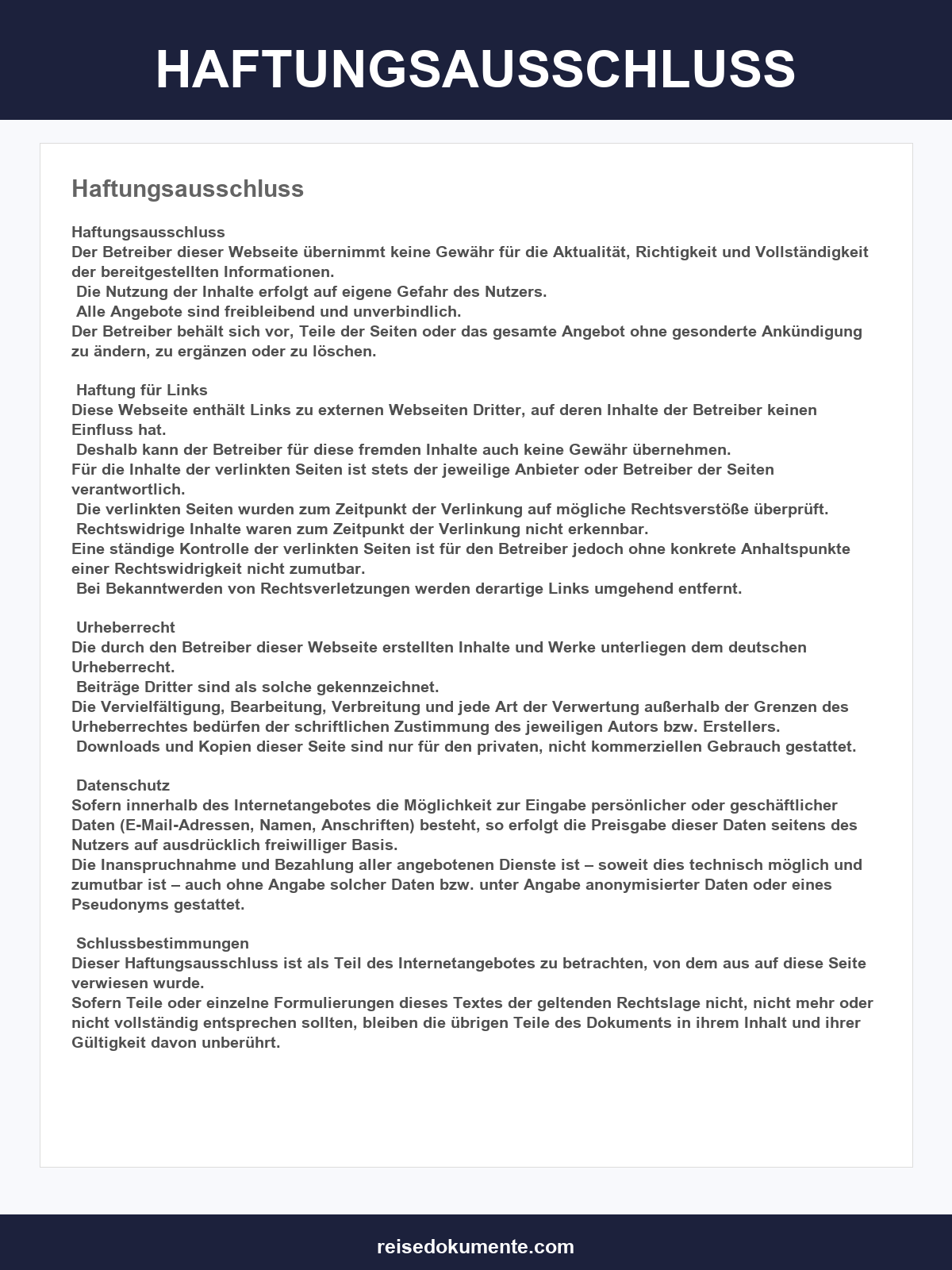 Haftungsausschluss Vorlage