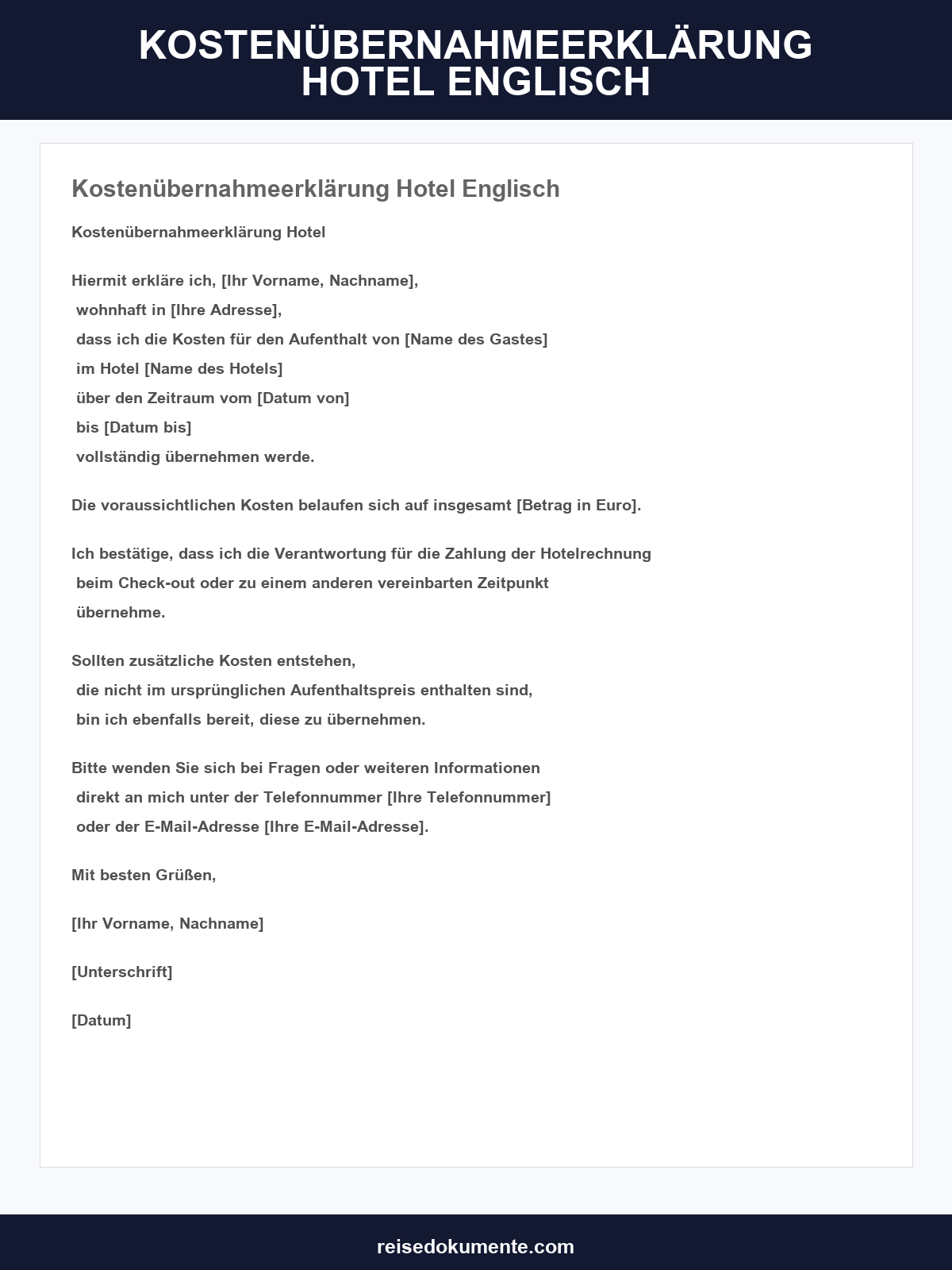Kostenübernahmeerklärung Hotel Englisch Vorlage