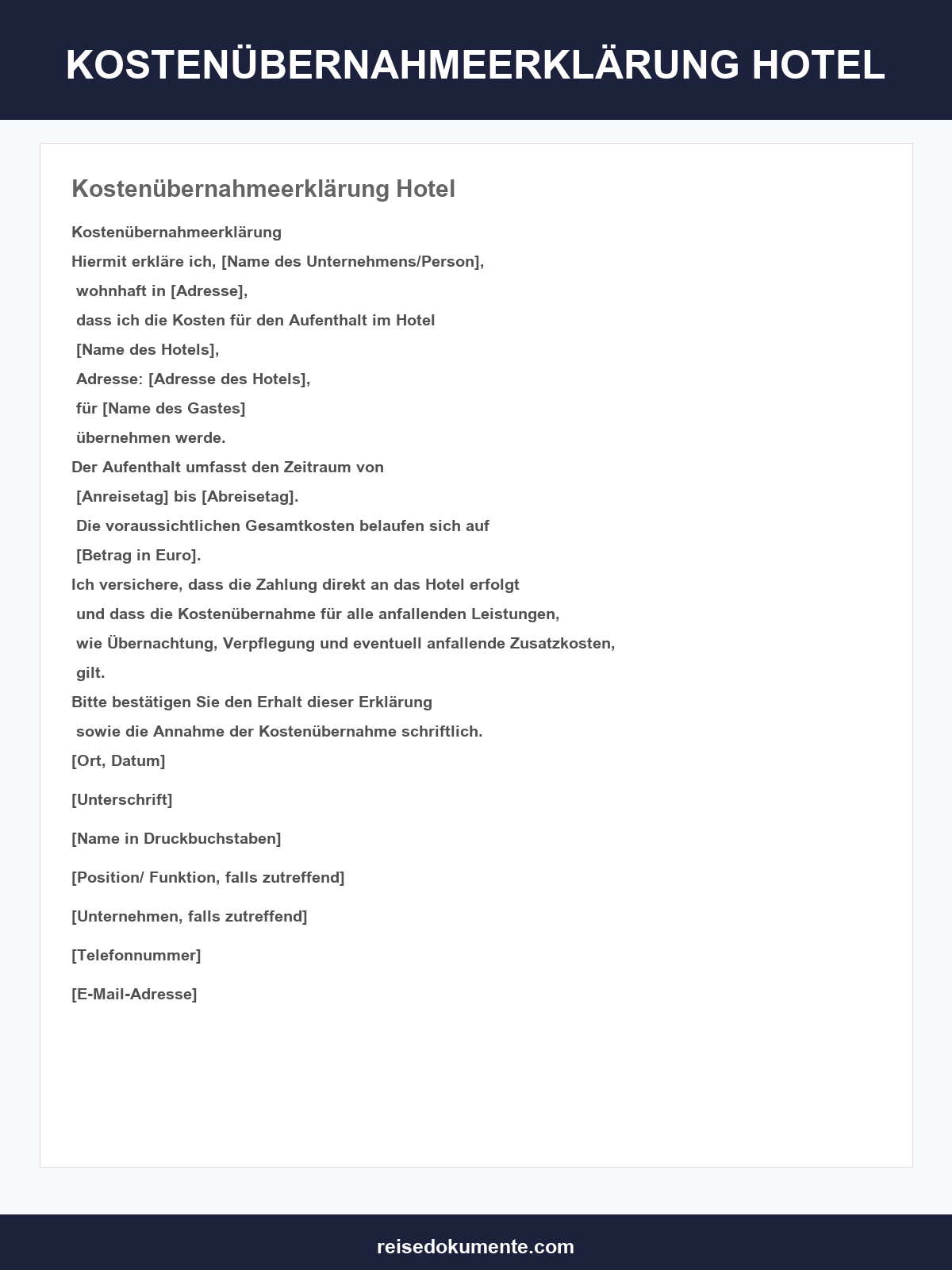 Kostenübernahmeerklärung Hotel Vorlage