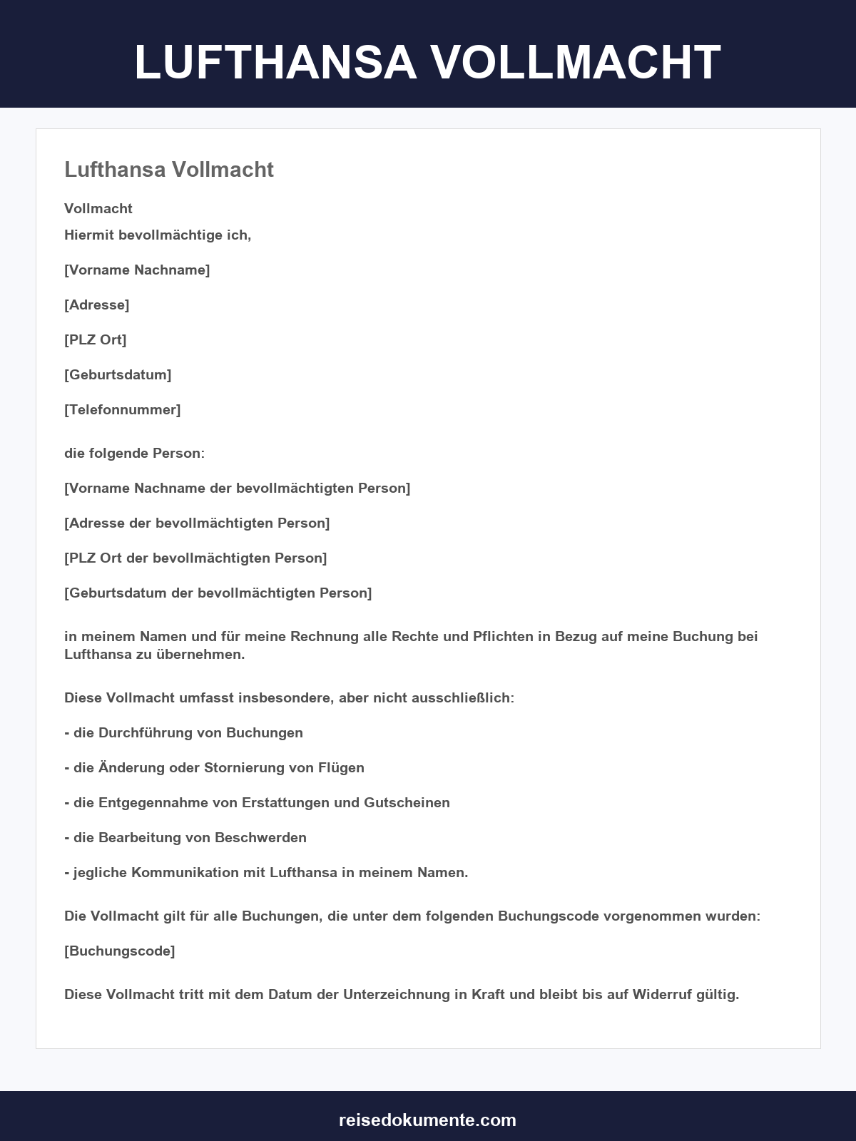 Lufthansa Vollmacht Formular