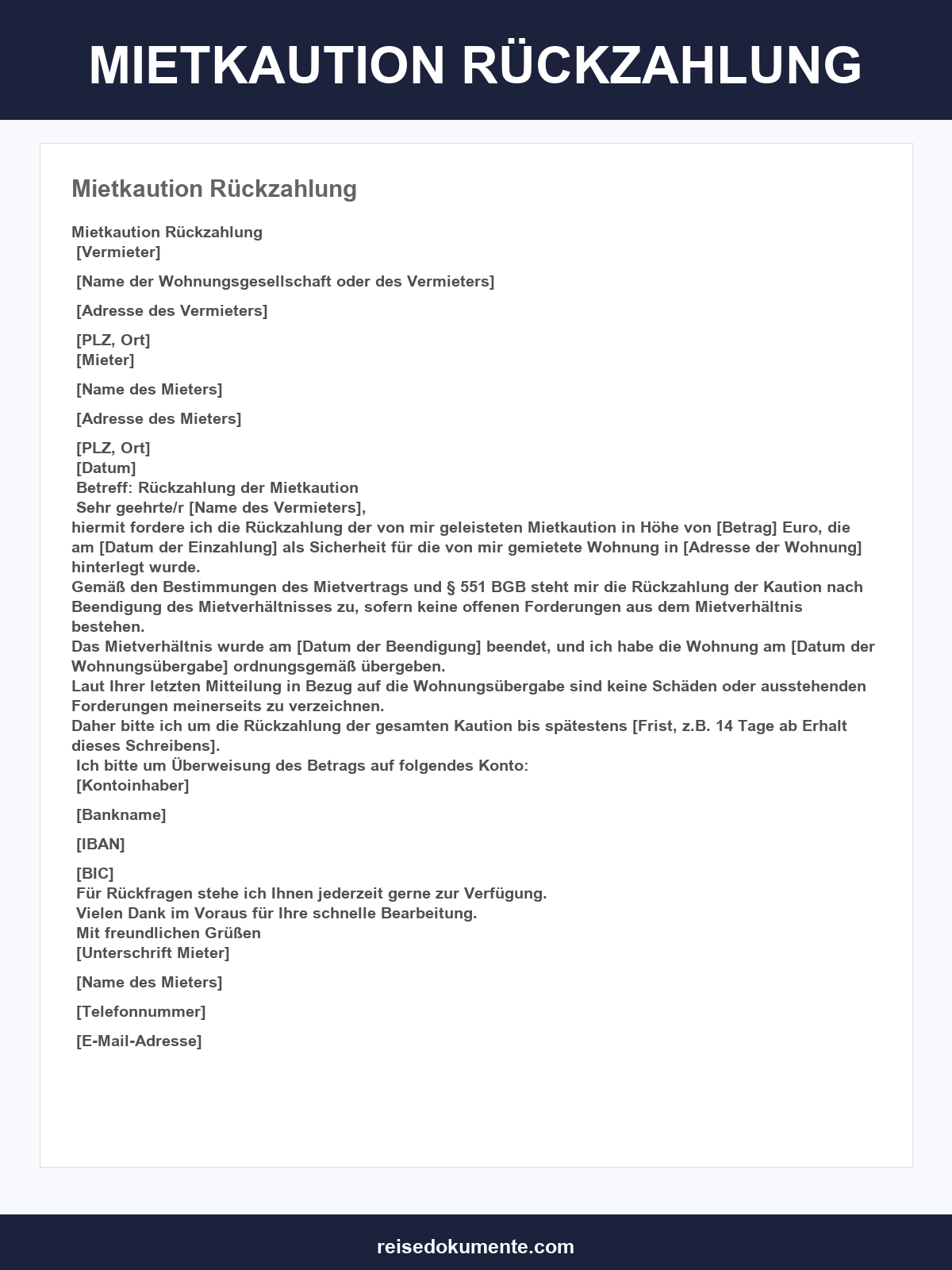 Vordruck Mietkaution Rückzahlung
