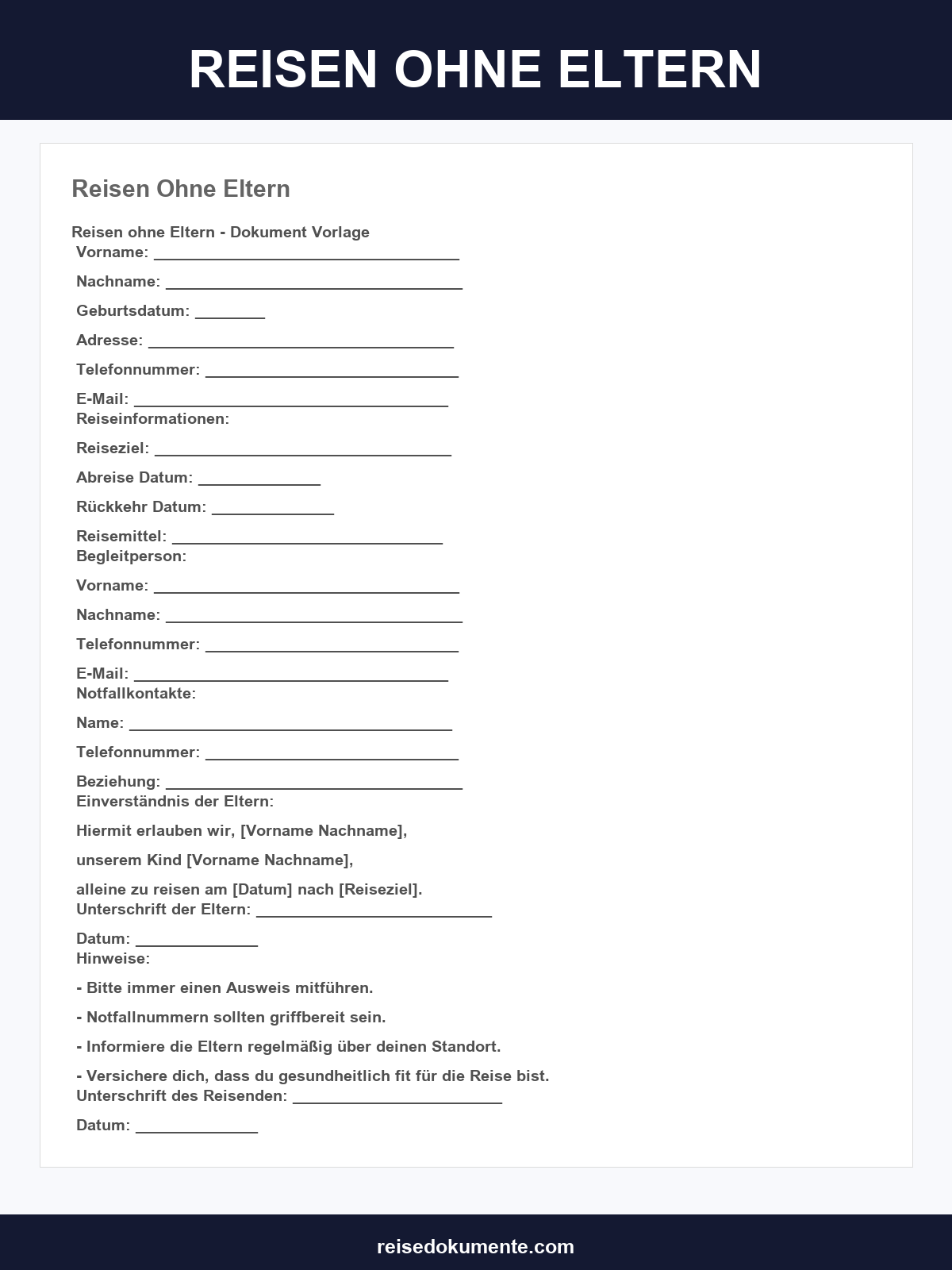 Reisen Ohne Eltern Formular