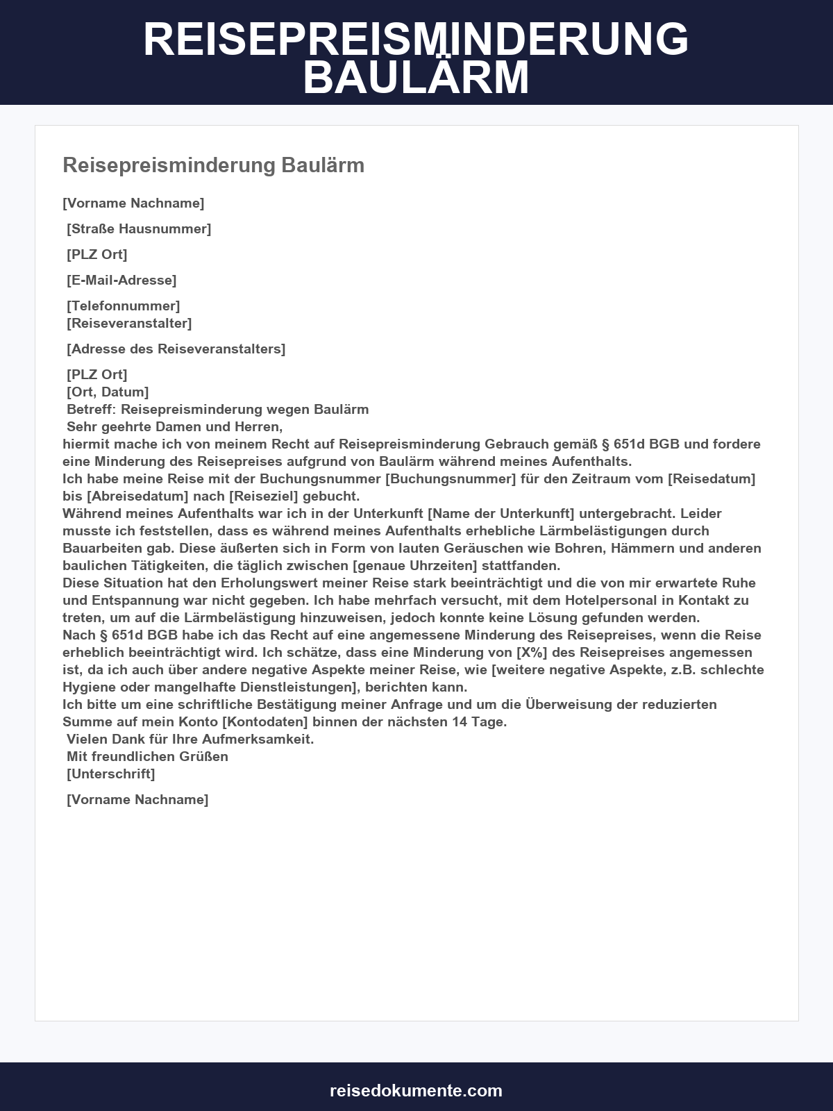 Reisepreisminderung Baulärm Musterbrief