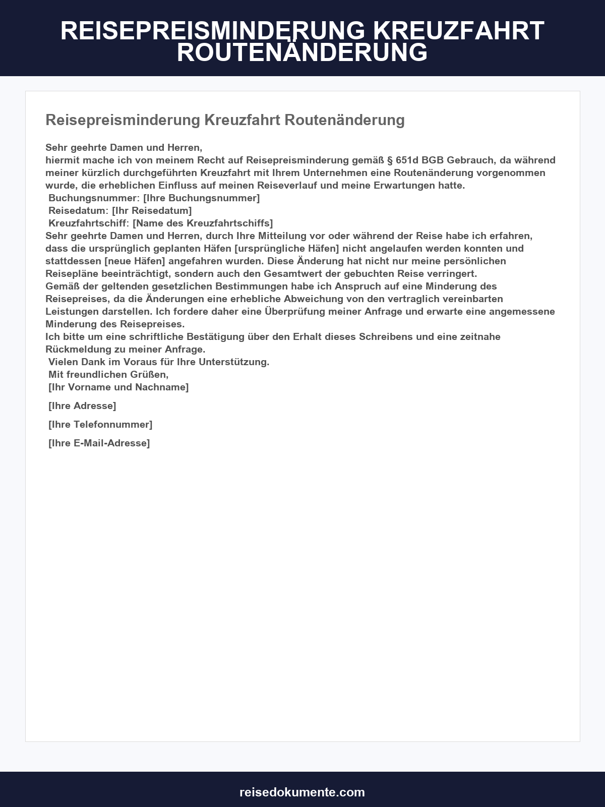 Reisepreisminderung Kreuzfahrt Routenänderung Musterbrief