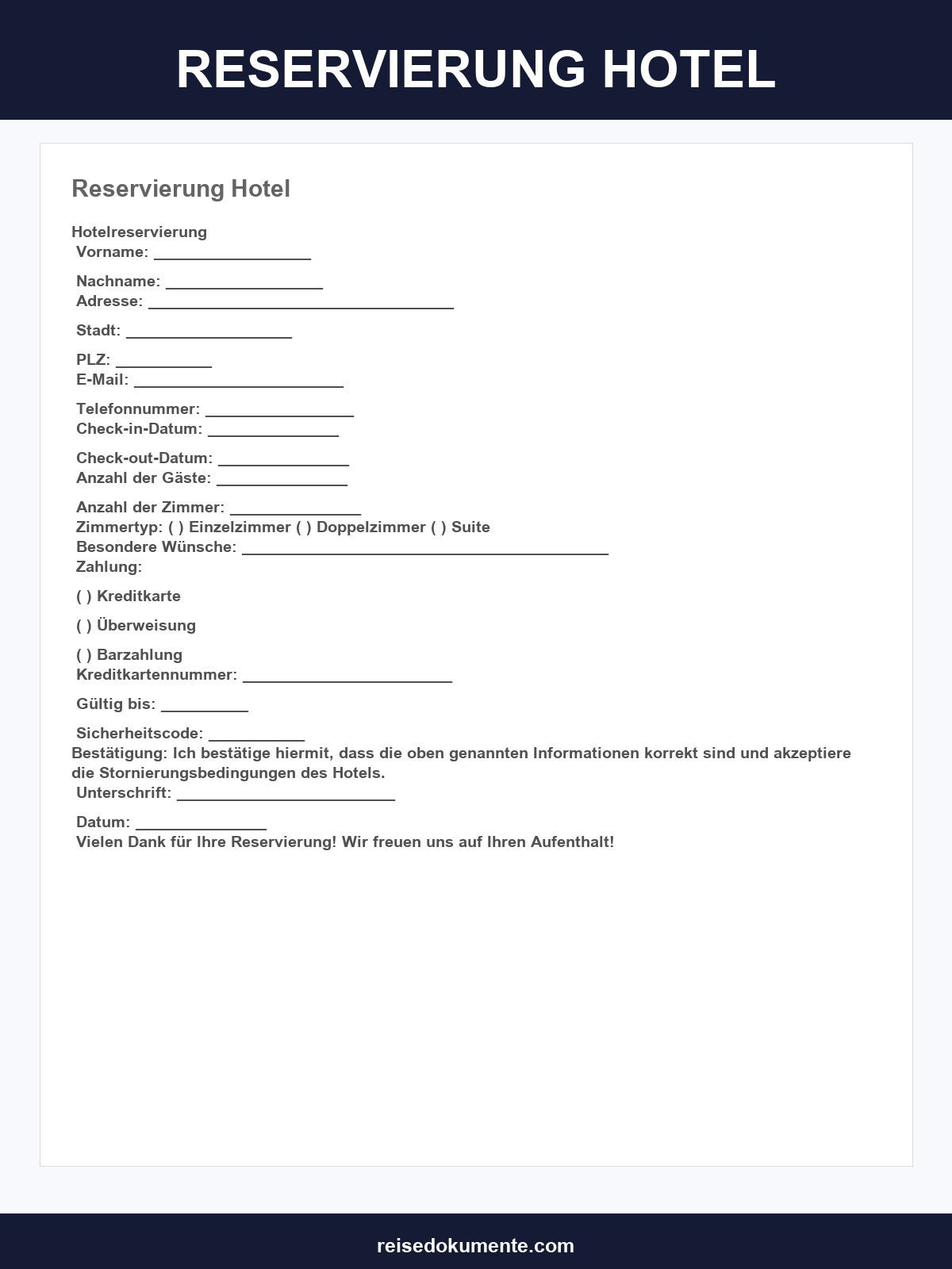 Reservierung Hotel Vorlage