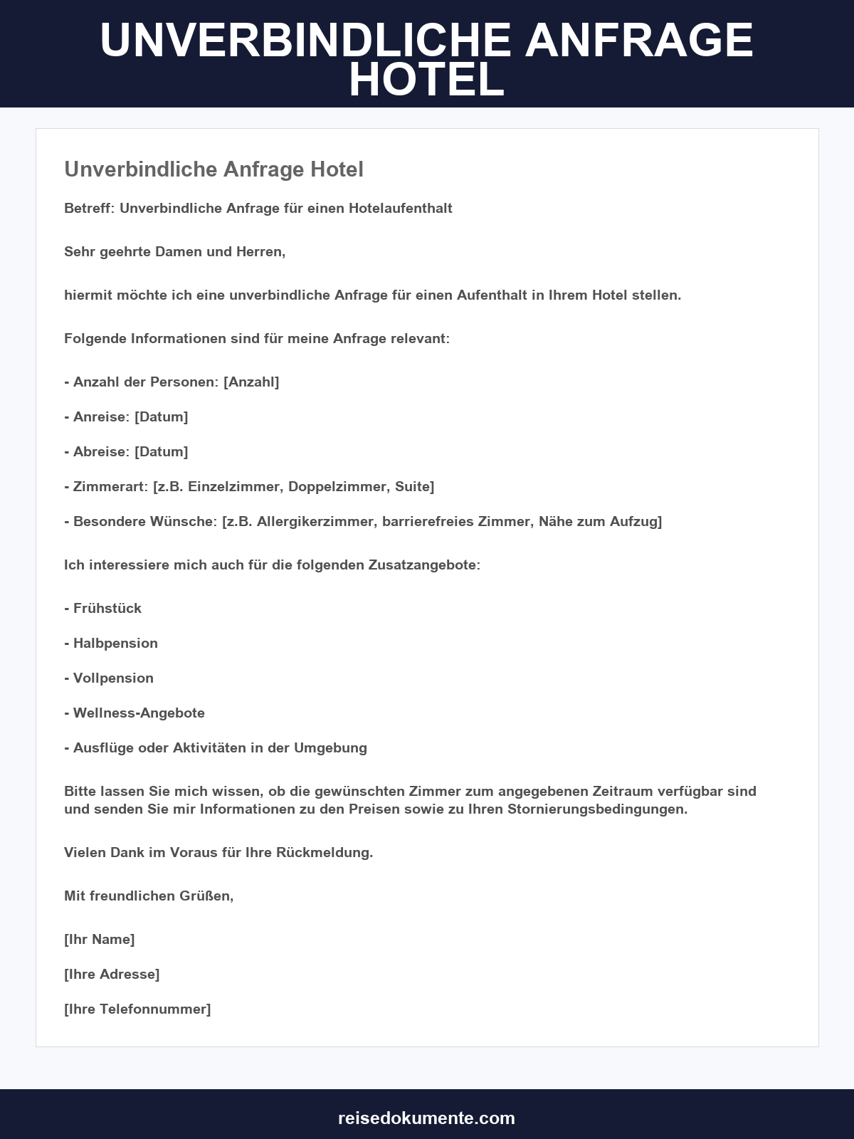 Unverbindliche Anfrage Hotel Muster