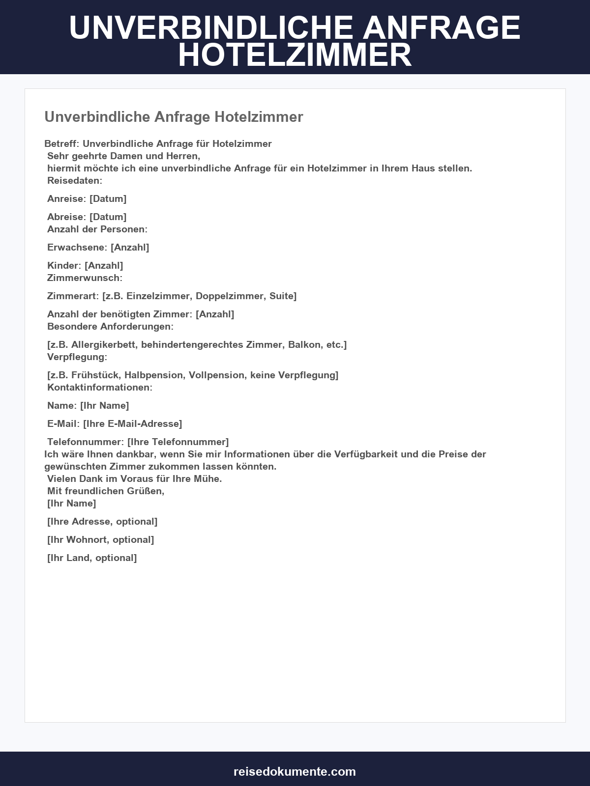 Unverbindliche Anfrage Hotelzimmer Muster
