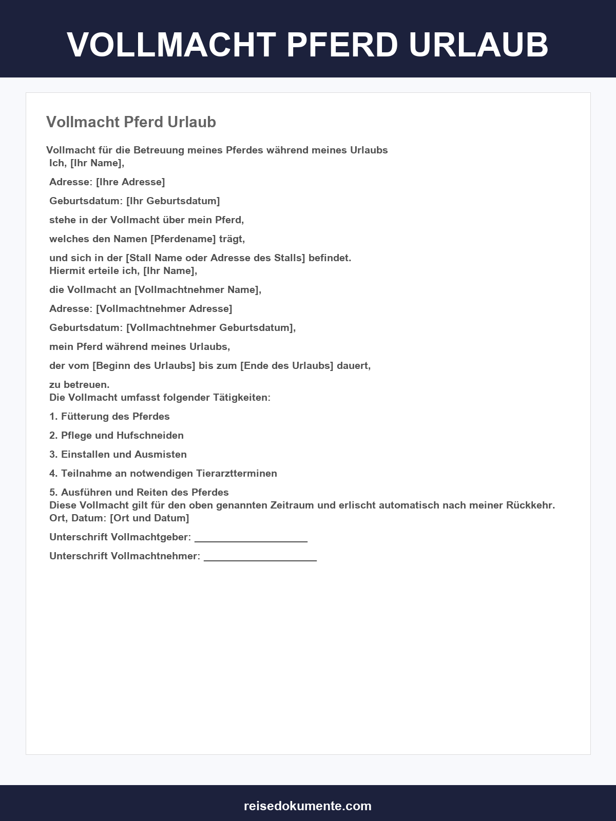 Vollmacht Pferd Urlaub