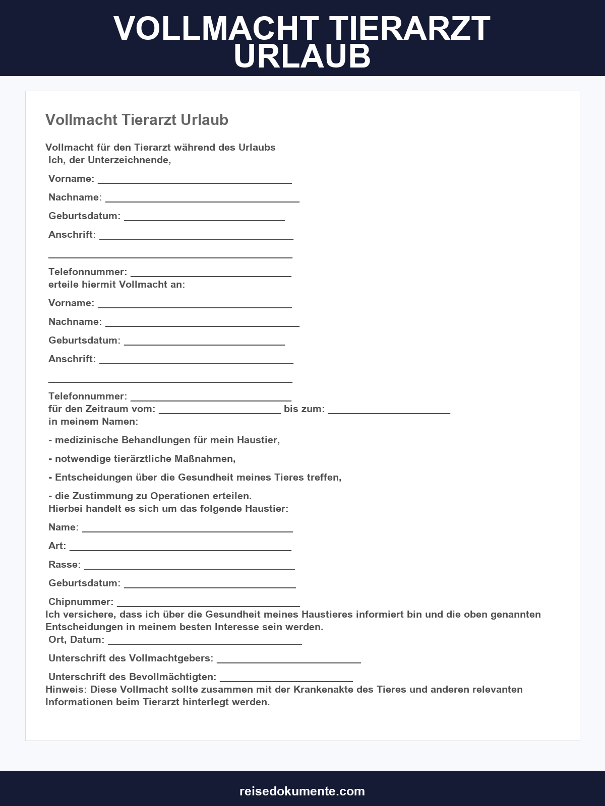 Vollmacht Tierarzt Urlaub